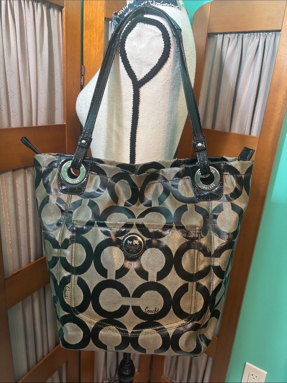 Coach “Op Art” Black and Tan Circle Logo Tote